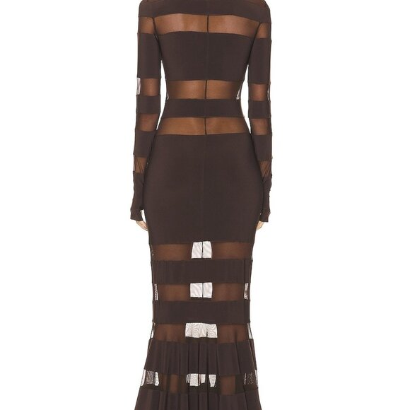 NEW NWT Norma Kamali Spliced Dress Fishtail Gown in Chocolate & Chocolate Mesh - Picture 7 of 10